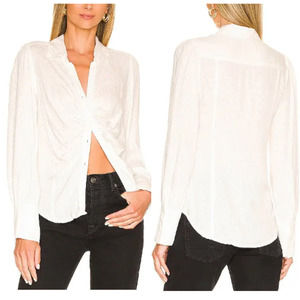 Free People Bianca Ruched Long Sleeve Button Down Blouse Shirt White Large